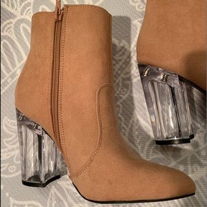 Nude/Cream/Tan Suede Booties with Clear Glass Heel